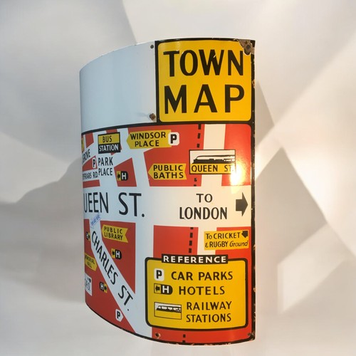 8 - Vintage Large Enamel Street reference Sign From Cardiff. Queen Street Town Map, Curved.H 58cmW 57cm... 