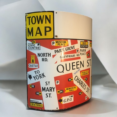 8 - Vintage Large Enamel Street reference Sign From Cardiff. Queen Street Town Map, Curved.H 58cmW 57cm... 