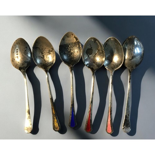 181 - Georgian and Later Silver Hallmarked Items - Enamel Spoons, Sugar tongs, Spoons etc 159g