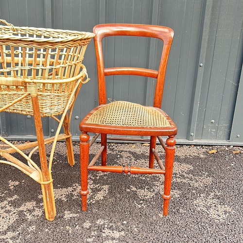 60 - 3 wooden pine chairs, one painted white, accompanied by a turned wood floor lamp with a round base a... 