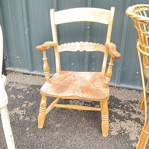 60 - 3 wooden pine chairs, one painted white, accompanied by a turned wood floor lamp with a round base a... 