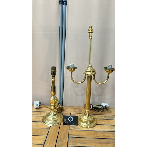 178 - House of Fraser brass table lamp, model P30B193QN, with dual light fittings, dated 26/8/99.