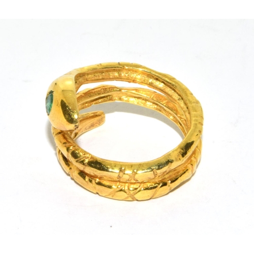 325 - Natural Emerald Gold on silver Snake ring size O 