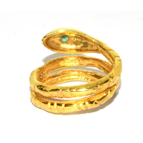 325 - Natural Emerald Gold on silver Snake ring size O 