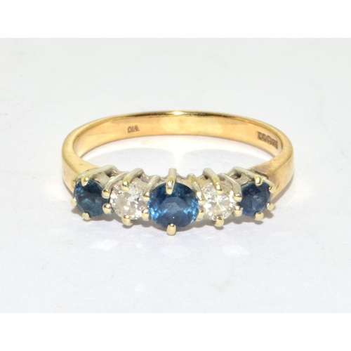 355 - Five stone natural diamond and sapphire 9ct gold ring weighing 2.2grams size L