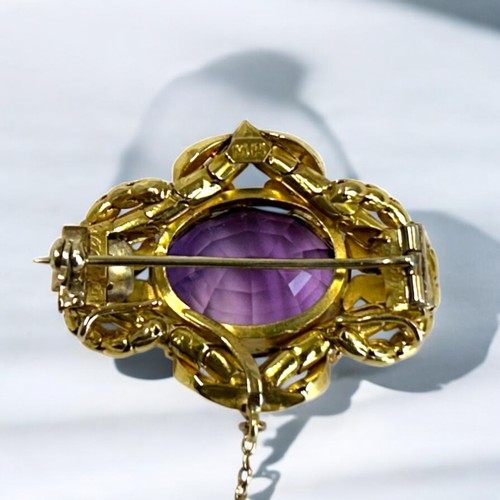 5 - Antique yellow gold & Amethyst brooch.Probably Austrian / German.Rococo setting with large set A... 