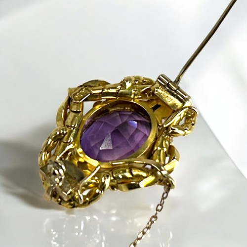 5 - Antique yellow gold & Amethyst brooch.Probably Austrian / German.Rococo setting with large set A... 