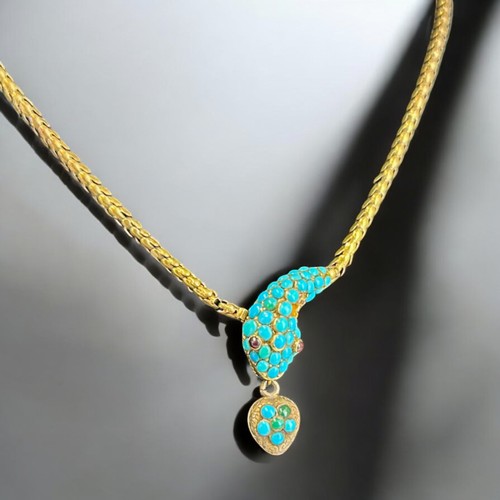 20 - A fine Victorian Gold, Turquoise & Garnet 'Snake' necklace.Circa 1880.Unmarked but tests as 14ct... 