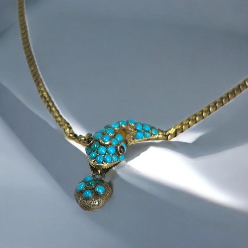 20 - A fine Victorian Gold, Turquoise & Garnet 'Snake' necklace.Circa 1880.Unmarked but tests as 14ct... 