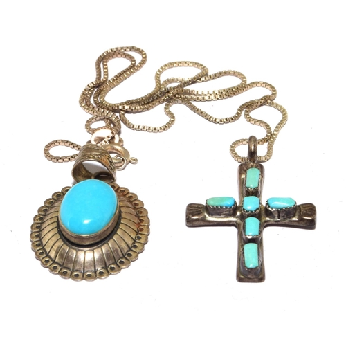 63 - Native American silver jewellery the bangle signed, Turquoise cross and pendant, together with earri... 