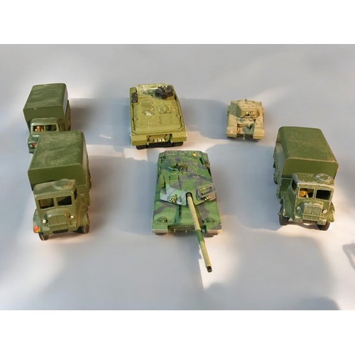 96 - Vintage Dinky Army trucks and an Alvis Scorpion together with 2 other Metal later tanks.