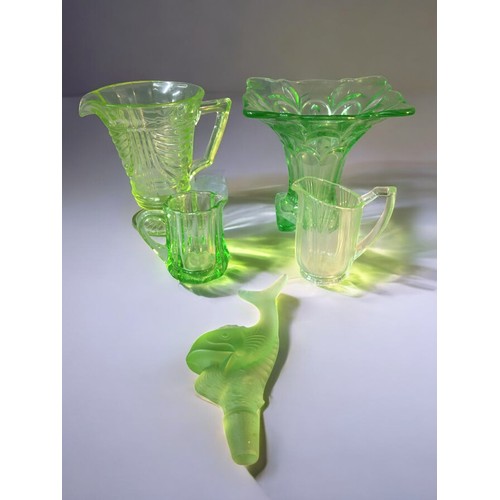 93 - Uranium Glass items and an Art Deco Josef Inwald Dolphin. Largest 16cm x 19cm 3 x Jugs and a Vase.