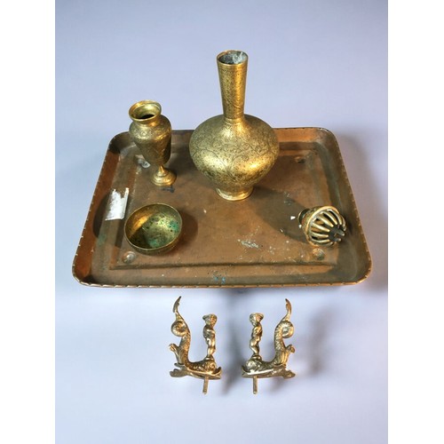 91 - Arts and Crafts Copper tray together with Cairo Ware Vases, Bell and 2 stylized Dolphin and Putti Mo... 