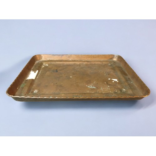 91 - Arts and Crafts Copper tray together with Cairo Ware Vases, Bell and 2 stylized Dolphin and Putti Mo... 