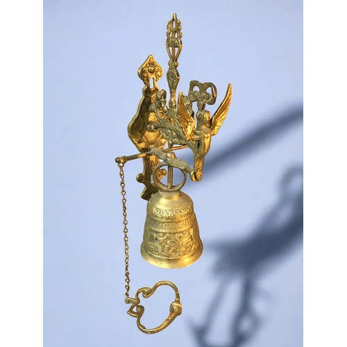 90 - Cast Brass Ornate Hand Pull Door Bell. Angel and Animal Decoration.