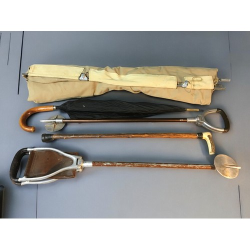 89 - Silver Collared and Antler Hawthorn Walking Stick, 2 x Shooting Sticks (one Leather Seated London Ma... 