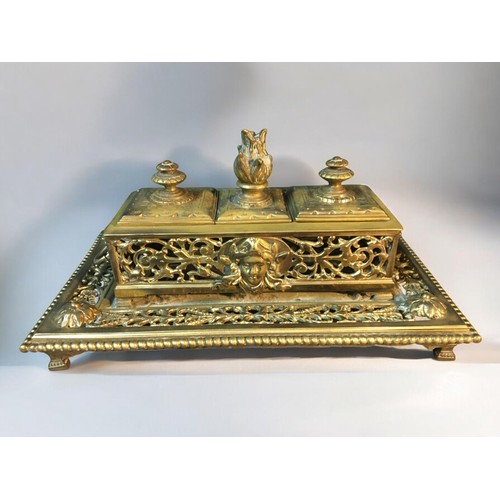 88 - Victorian Brass Gilt Desk Standish in the Rococo Style with Mask Handles and Flame Finial. Together ... 