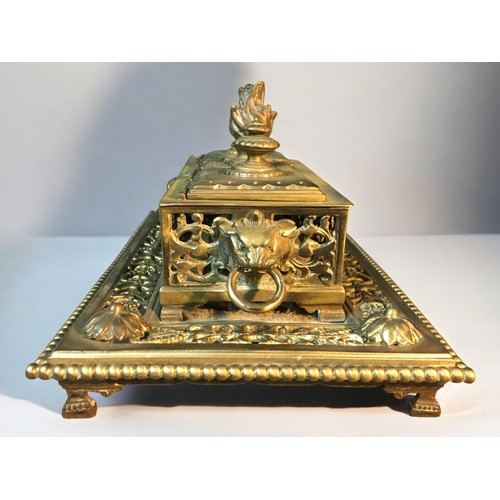 88 - Victorian Brass Gilt Desk Standish in the Rococo Style with Mask Handles and Flame Finial. Together ... 