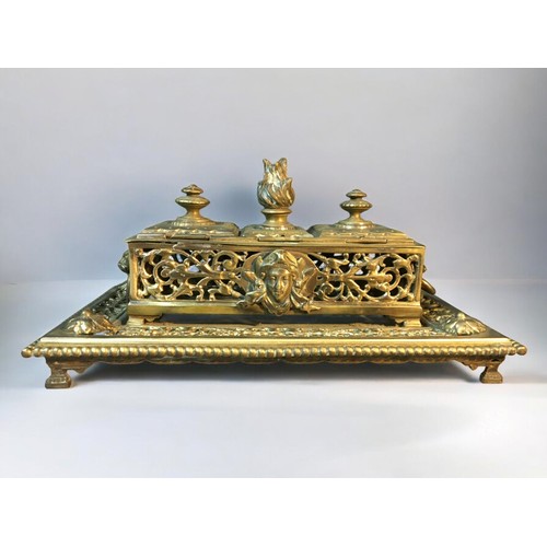 88 - Victorian Brass Gilt Desk Standish in the Rococo Style with Mask Handles and Flame Finial. Together ... 