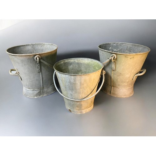 420 - Large Pair of Vintage Heavy Gauge Galvanized Coal Buckets and a Similarly aged Bucket. Riveted handl... 