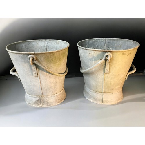 420 - Large Pair of Vintage Heavy Gauge Galvanized Coal Buckets and a Similarly aged Bucket. Riveted handl... 