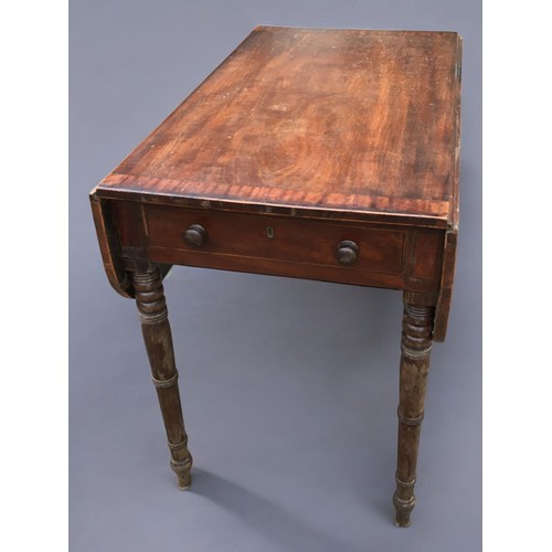 397 - Victorian Mahogany Pembroke table. 1 x Drawer and a Faux Drawer, turned Legs and Banded Decoration.H... 