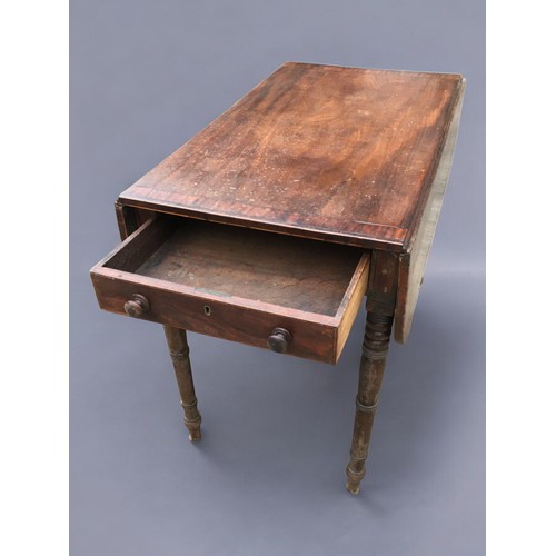 397 - Victorian Mahogany Pembroke table. 1 x Drawer and a Faux Drawer, turned Legs and Banded Decoration.H... 