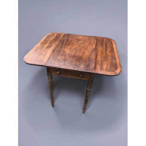 397 - Victorian Mahogany Pembroke table. 1 x Drawer and a Faux Drawer, turned Legs and Banded Decoration.H... 