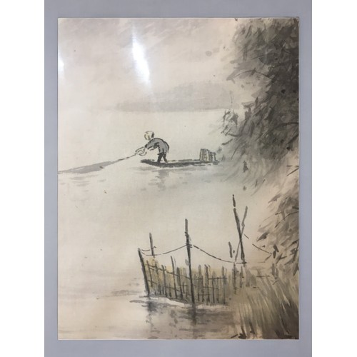 338 - Vintage Chinese Painting on Silk of a Fisherman and Mountainous Village Scene signed Lower R/H.H 61.... 