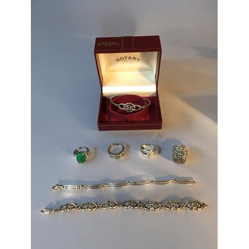 174 - Silver Jewellery, Mackintosh inspired Bracelets and a Bangle, 4 x Rings one set with Malachite. Hall... 