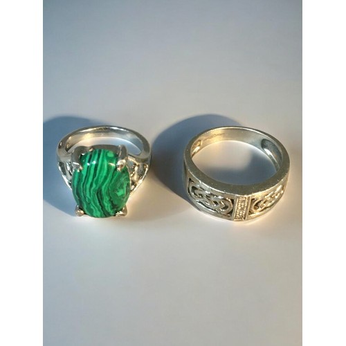 174 - Silver Jewellery, Mackintosh inspired Bracelets and a Bangle, 4 x Rings one set with Malachite. Hall... 