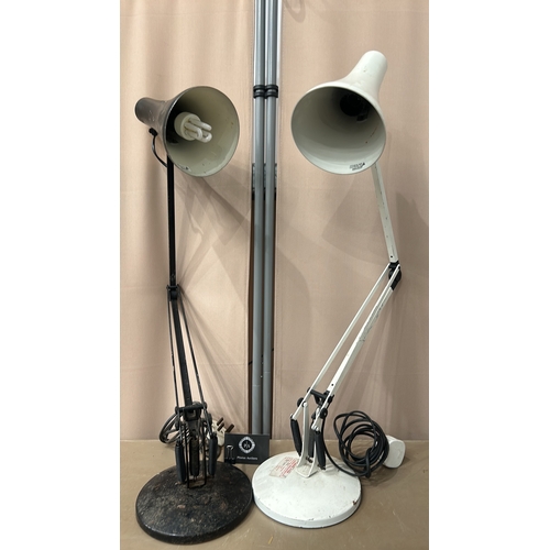 151 - Set of two vintage ANGLEPOSE adjustable desk lamps with metal construction; one black and one white.