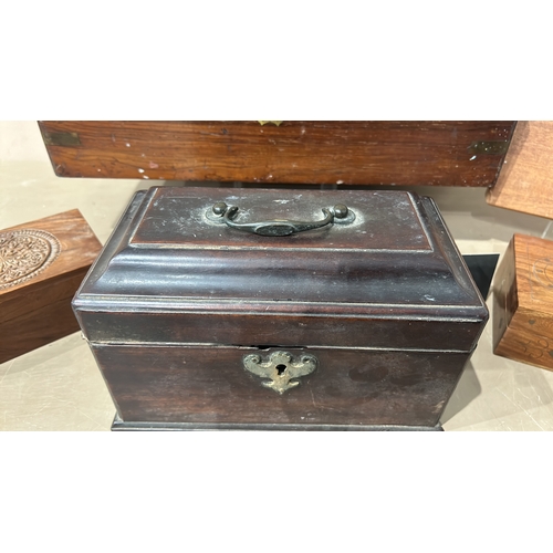 157 - Collection of five vintage wooden boxes with intricate carvings and brass details. Includes a vintag... 