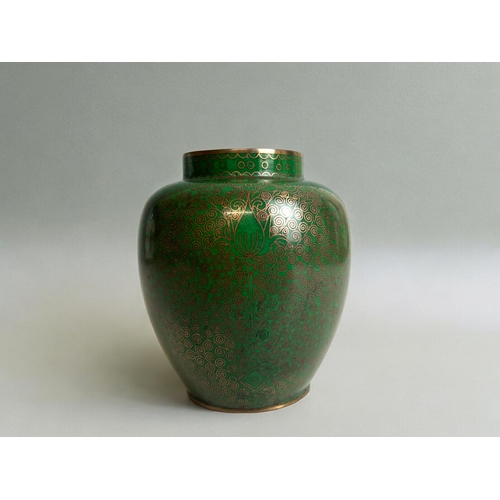 146 - A fine quality Japanese cloisonne jar.Meiji period.Green ground with detailed foliate design.Height ... 