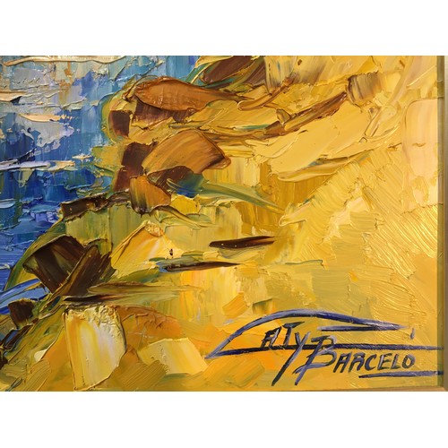 303 - Caty Barcelo 20th Century Spanish - Large Signed Acrylic on Board. Mediterranean Harbour Scene. Fram... 