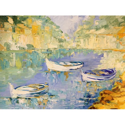 303 - Caty Barcelo 20th Century Spanish - Large Signed Acrylic on Board. Mediterranean Harbour Scene. Fram... 