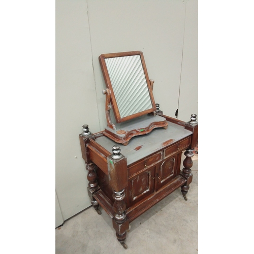 147 - Victorian mahogany side table with swivel mirror and intricate turned legs, featuring two drawers an... 