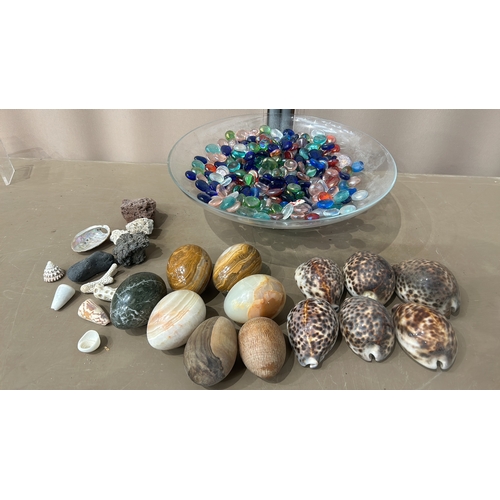 161 - Collection of natural seashells and stones, showcasing various textures and colors. Includes cowrie ... 