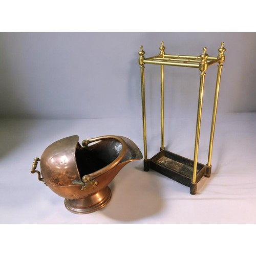 64 - 19th Century Helmet Copper Coal Scuttle, and a Brass and Cast Iron Stick Stand