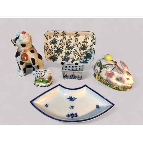 106 - Miscellany of Ceramics - Chinese Mid Century Dog, Royal Doulton, Sandwich Tray, Majolica Rabbit Lidd... 