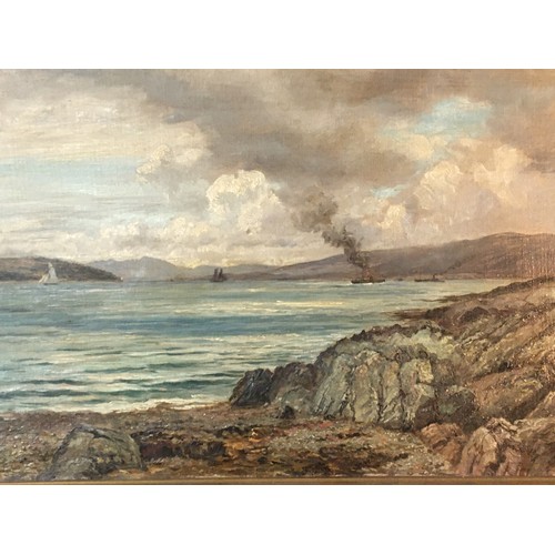 315 - Scottish Late 19th Century Oil on Canvas Loch Scene with Ships. Signed Lower R/h.H 40cmW 70cm... 