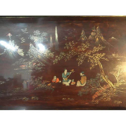 54 - Chinese Early 20th Century Graduated Set of 3 Lacquer Ware Serving trays, Figural and Mountain Lands... 