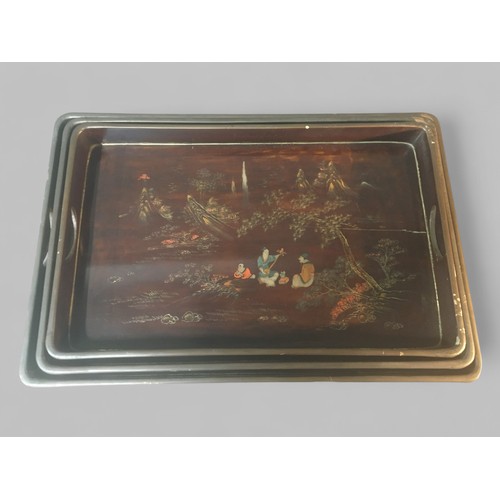 54 - Chinese Early 20th Century Graduated Set of 3 Lacquer Ware Serving trays, Figural and Mountain Lands... 