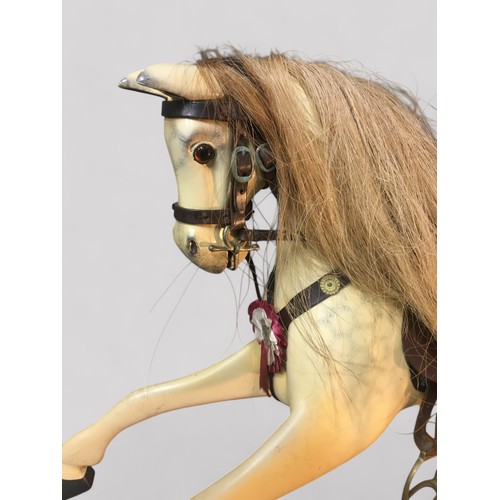 22 - Wooden Painted Dapple Grey Rocking Horse. Has Real Horse Hair Mane and Tail Leather Padded Saddle.H ... 