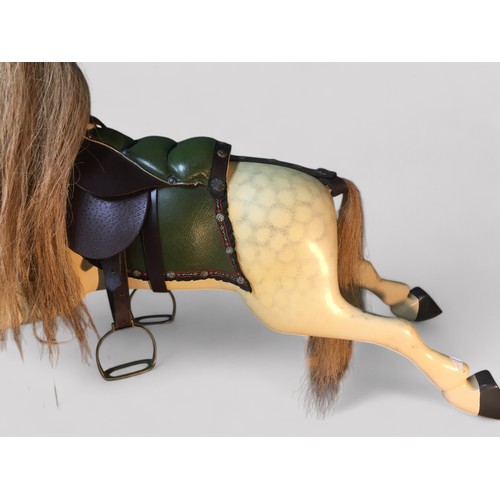 22 - Wooden Painted Dapple Grey Rocking Horse. Has Real Horse Hair Mane and Tail Leather Padded Saddle.H ... 