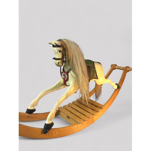 22 - Wooden Painted Dapple Grey Rocking Horse. Has Real Horse Hair Mane and Tail Leather Padded Saddle.H ... 