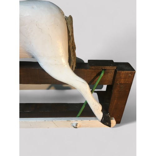 21 - Vintage White Carved Wooden Swinging Rocking Horse.H 84cm (to Saddle 65cm)L 114cm