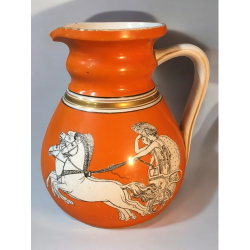 154 - Three 19th century 'Neo Classical' orange ground porcelain jugs. Including John Meir & sons and ... 