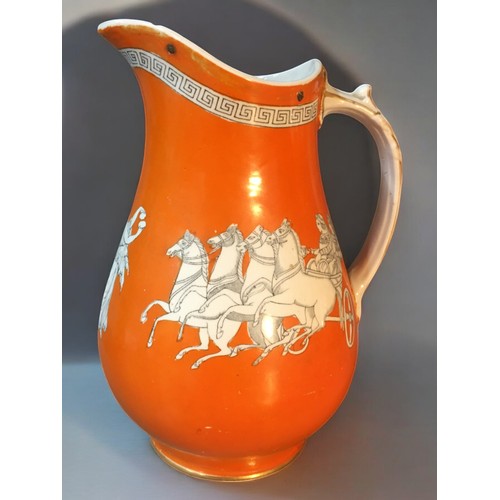 154 - Three 19th century 'Neo Classical' orange ground porcelain jugs. Including John Meir & sons and ... 