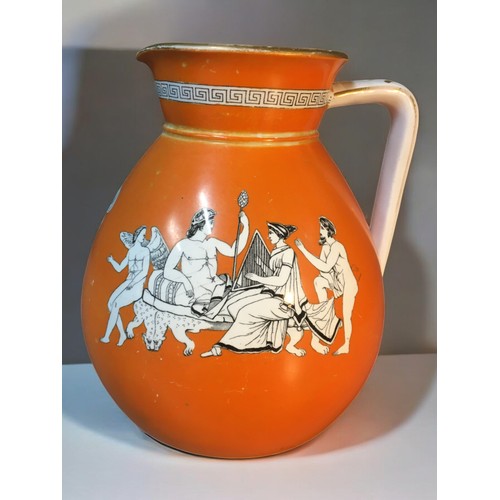 154 - Three 19th century 'Neo Classical' orange ground porcelain jugs. Including John Meir & sons and ... 